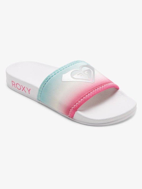 Roxy Girls Slippy Neoprene Sliders - White/Pink-SALE -