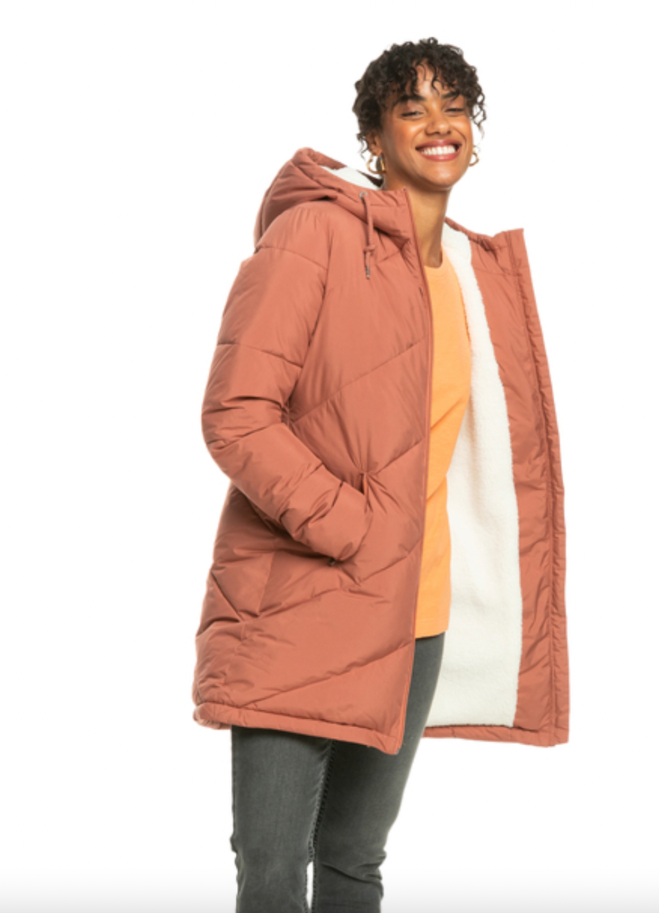 Roxy womens evening shadow shop longline hooded puffer jacket