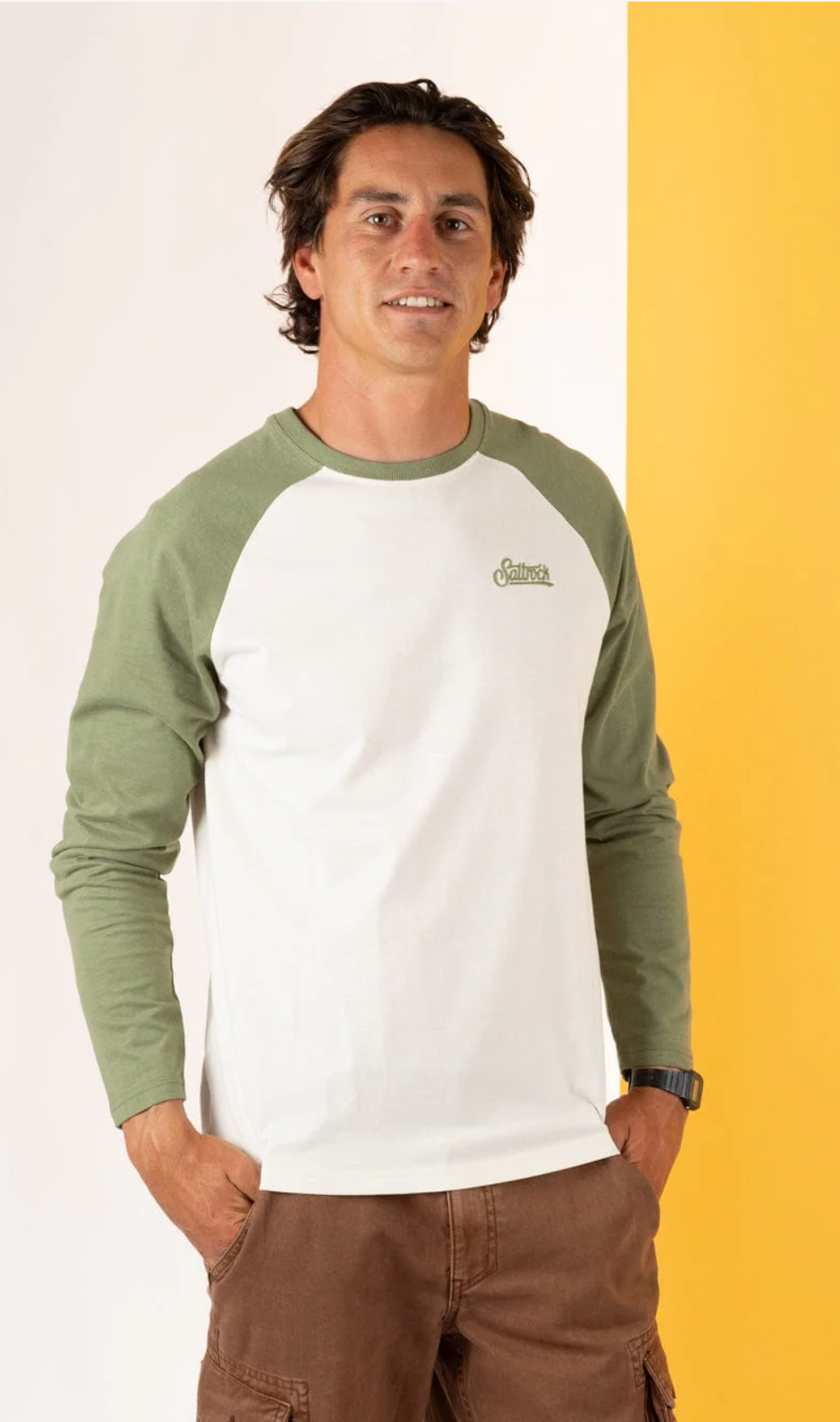 Saltrock Pitcher Embroidery - Mens Raglan Long Sleeve T-Shirt - Green