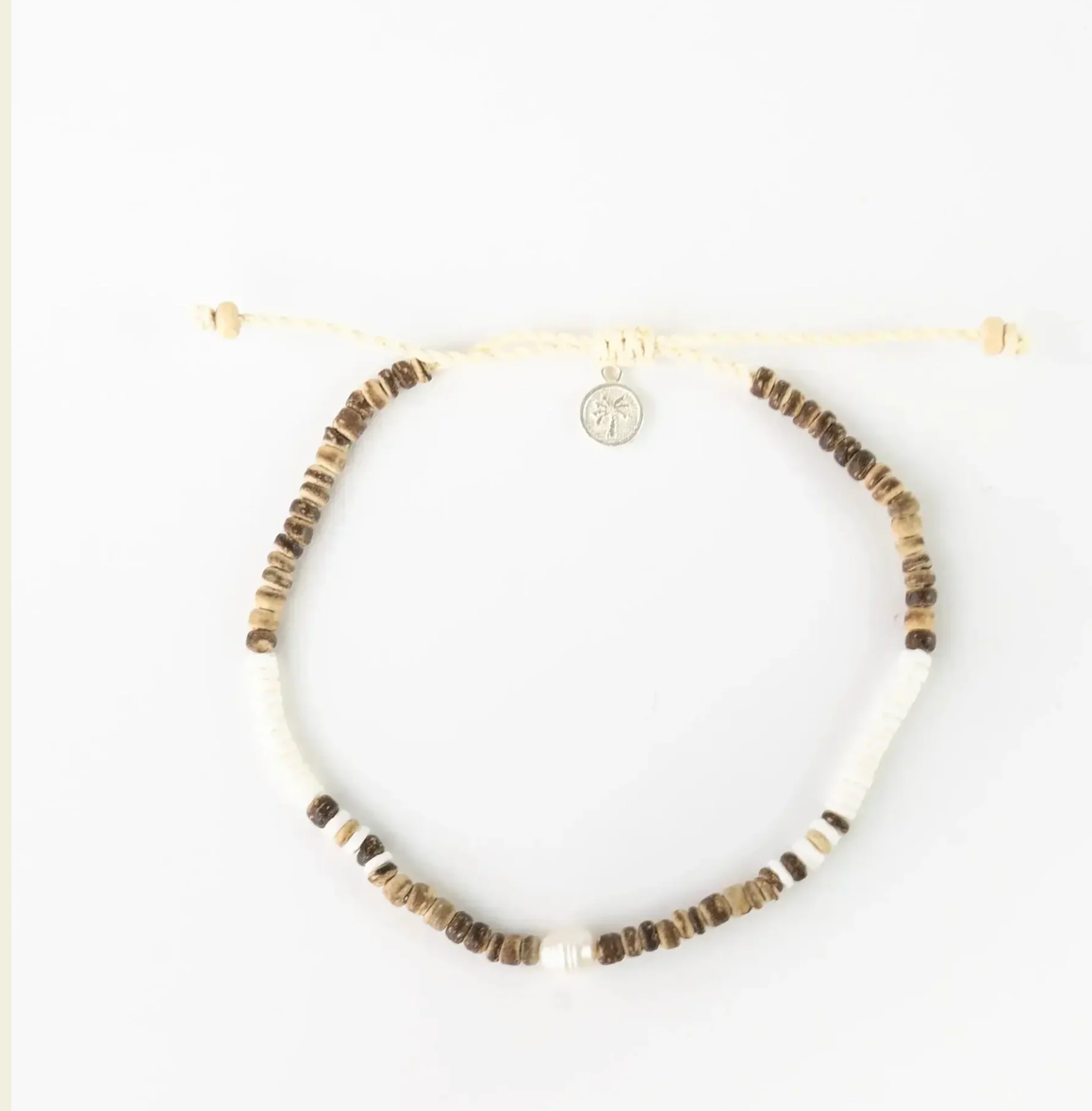 PINEAPPLE KAUAI PUKA SHELL, WOOD & PEARL ANKLET- KALA -M005